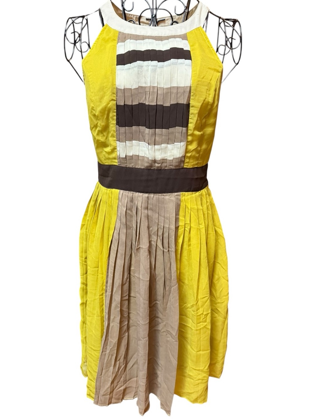 Anthropologie Ryu Yellow and Tan Pleated Halter Dress with Brown Waistband